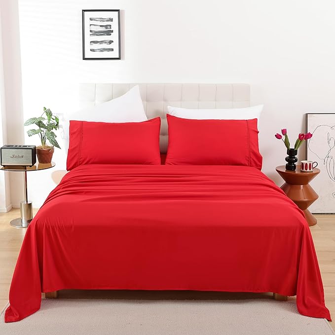 Whitney Home Textile Queen Sheet Set, Soft Microfiber Hotel Bed Sheets Queen Size, Extra Deep Pocket, Luxury Breathable Bedding Sheet & Pillowcase Sets, 4 Piece Wrinkle Free Oeko-Tex, Red