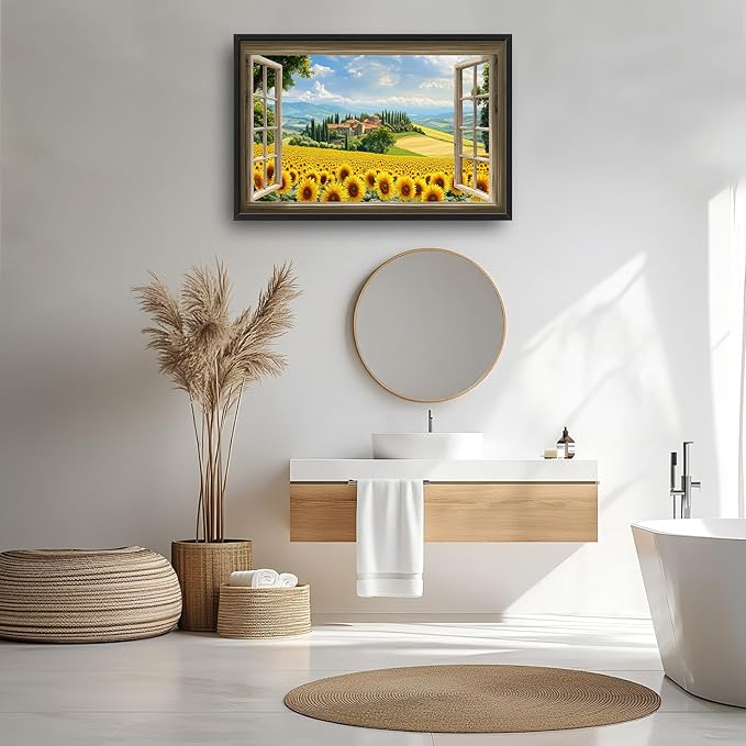 Sunflower Wall Art, Italy Pictures Wall Decor, Window Flower Canvas Prints Painting, Modern Large Framed Artwork For Living Room Office Bedroom Corridor 36"x 24"