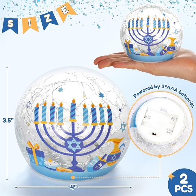 Nefelibata Hanukkah Decorations Chanukah Globe Lights Crackle Glass Ball with LED Lights and Timer Home Table Centerpiece Kitchen Dinner Party Fireplace Decor Battery Operated Lamp Jewish Gifts 2PCS