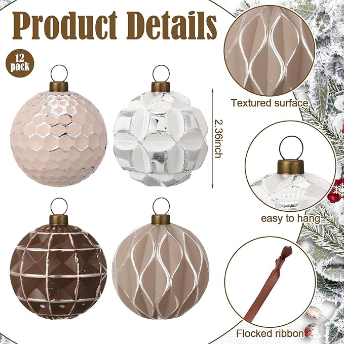 Syhood 12 Pcs Neutral Textured Christmas Ball Ornaments 2.4 Inch Vintage Xmas Tree Decorations Rustic Distressed Xmas Baubles Antique Farmhouse Modern Christmas Decor for Tree Home (Earth Tones)