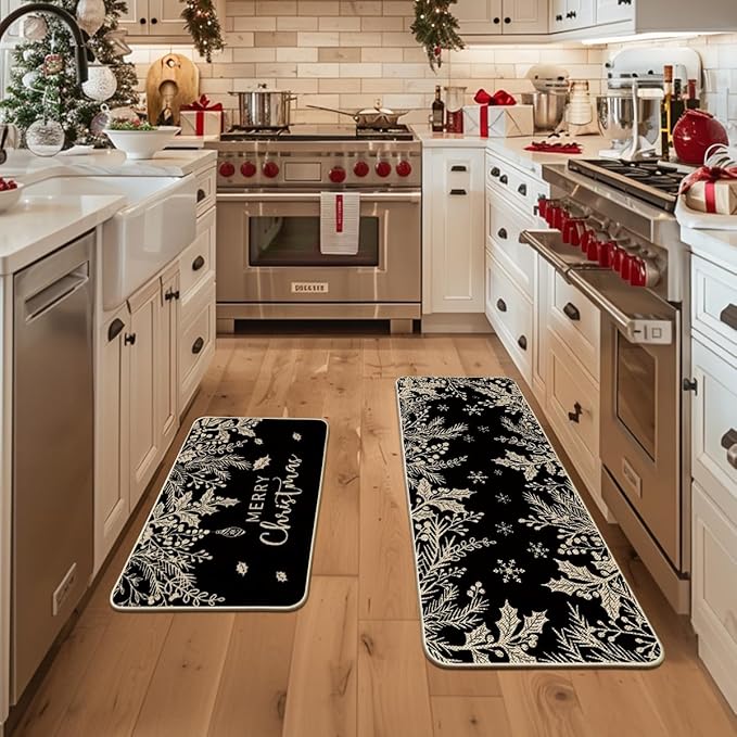 Artoid Mode Black Holly Pine Branches Merry Christmas Kitchen Mats Set of 2, Winter Decor Low-Profile Kitchen Rugs for Floor - 24x35 and 24x59 Inch