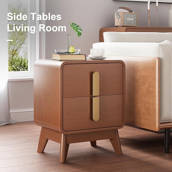 Nights tand Set 2, Mid Century Modern Bedside Table with Drawers, Curved Profile Design End Table with Metal Handle, Nightstand Set of 2 with Storage, Bed Side Tables for Bedroom, Cherry