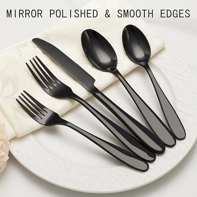 20-Piece Black Silverware Set, Flatware Set for 4, Food-Grade Stainless Steel Tableware Cutlery Set, Mirror Finished Utensil Sets for Home Restaurant, Forks Spoons and Knives Set, Dishwasher Safe