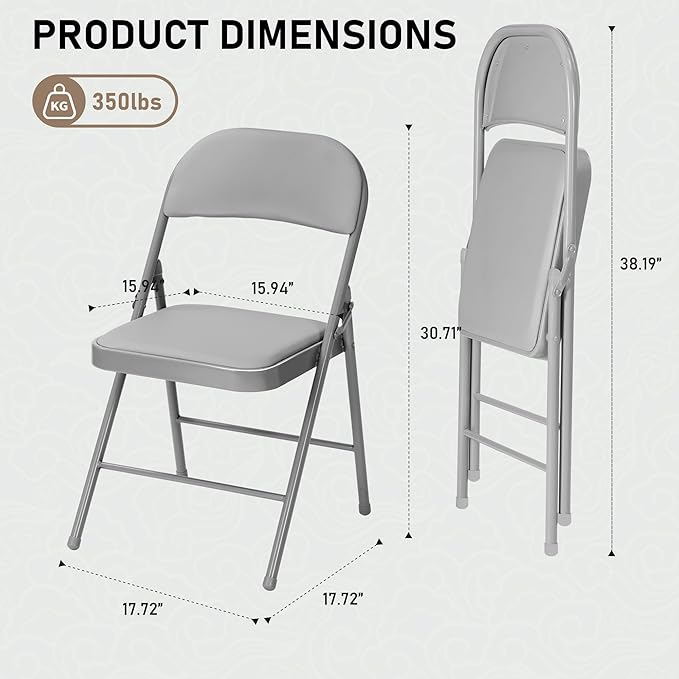 SEALAMB 4 Pack Grey Folding Chairs with Padded Seats & Cushion, Durable Metal Foldable Chairs for Wedding Party, Commercial Chairs for Office School Church Events, 330lb Capacity (Grey-PU, 4 Pack)