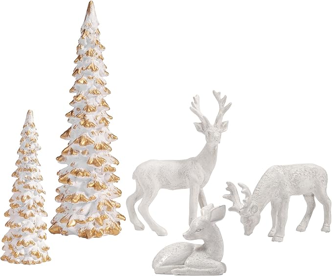 DN DECONATION Reindeer and Christmas Tree Decoration Set of 5 – Xmas Deer Figurines and Tree Statues – White & Gold Resin Christmas Figurines for Table Decor, Mantle Decor, Holiday Decorations Indoor