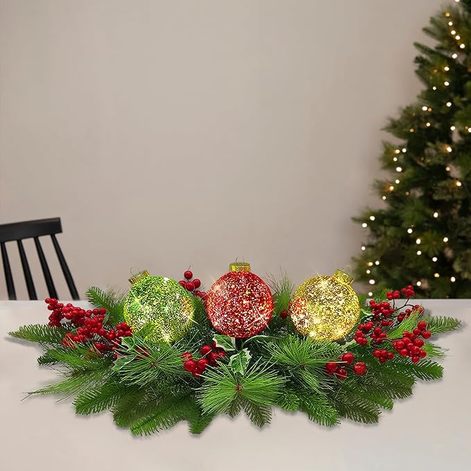 Christmas Table Centerpieces Decorations, Lighted Table Accent Centerpiece with LED Sparkle Baubles Battery Operated with Timer Holiday Candelabrum for Home Party Xmas Table Mantel Decoration