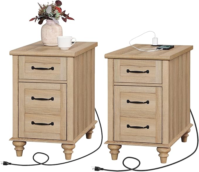 WAMPAT Set of 2 End Tables with Charging Station, Light Wood Sofa Side Table with Drawer & Storage Cabinet, Farmhouse Nightstand with Power Outlets & USB Ports for Living Room, Bedroom, Oak