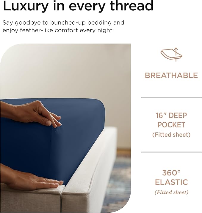 Threadmill Luxury 800 Thread Count California King 100% Cotton Sheets - Folkstone Blue Sateen Weave Bed-Sheets, Better Than Egyptian Cotton, 4 Pc Solid Bed Set, Fits 16" Deep Pocket