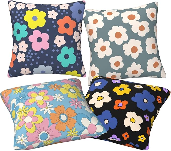 Boho Hippie Floral Pillow Covers 18 x 18 Inch Retro Groovy Throw Pillow Cover Set of 4 Colorful Boho Daisy Flowers Cushion Cover for Holiday Home Couch Sofa Decoration