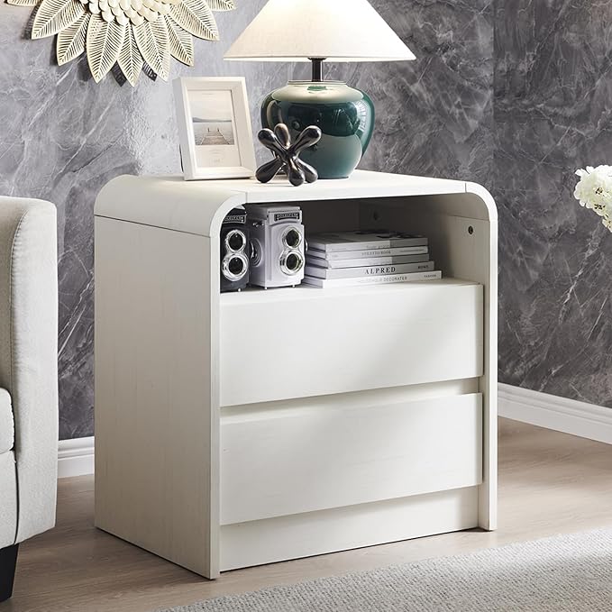 25" Tall Modern Nightstand Set of 2, 23.6'' Wide Wood Bedside Table w/2 Storage Drawers, Charging Station, Mid Century End Table for Bedroom, Living Room,Curved Profile Design, Antique White