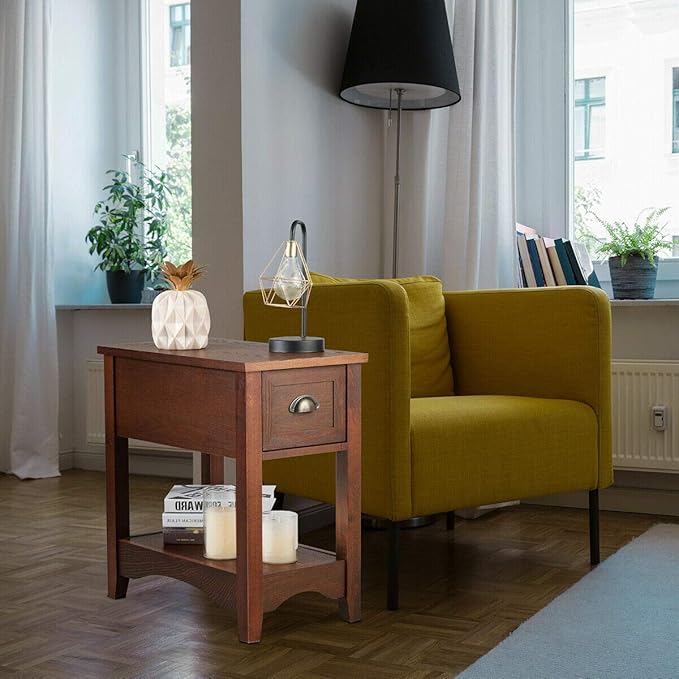 Giantex End Table with Drawer, Retro Narrow Side Table, Nightstand with Solid Wood & Stroage Shelf, Bedside Table for Living Room Bedroom Small Space Home Office (1, Walnut)