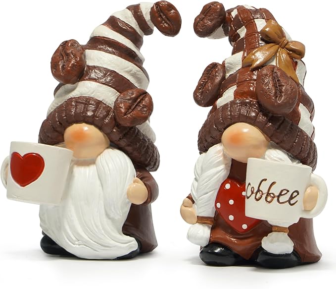 Hodao Resin Coffee Gnomes with Mug Nordic Style Home Bar Decor, Collectible Figurines 4.1inchSwedish Handmade Statue Small Figurine Ornament Gift for Coffee Lovers-a Set of 2