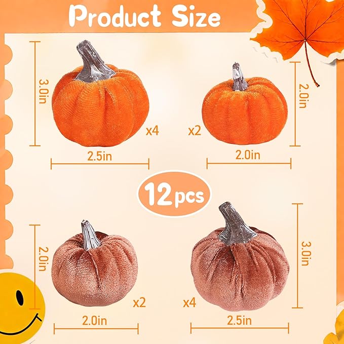 12pcs Velvet Fake Pumpkins Fall Decor Faux Small Foam Fabric Pumpkin for Autumn Table Centerpiece Party Farmhouse Harvest Thanksgiving (Orange/Desert Tan)