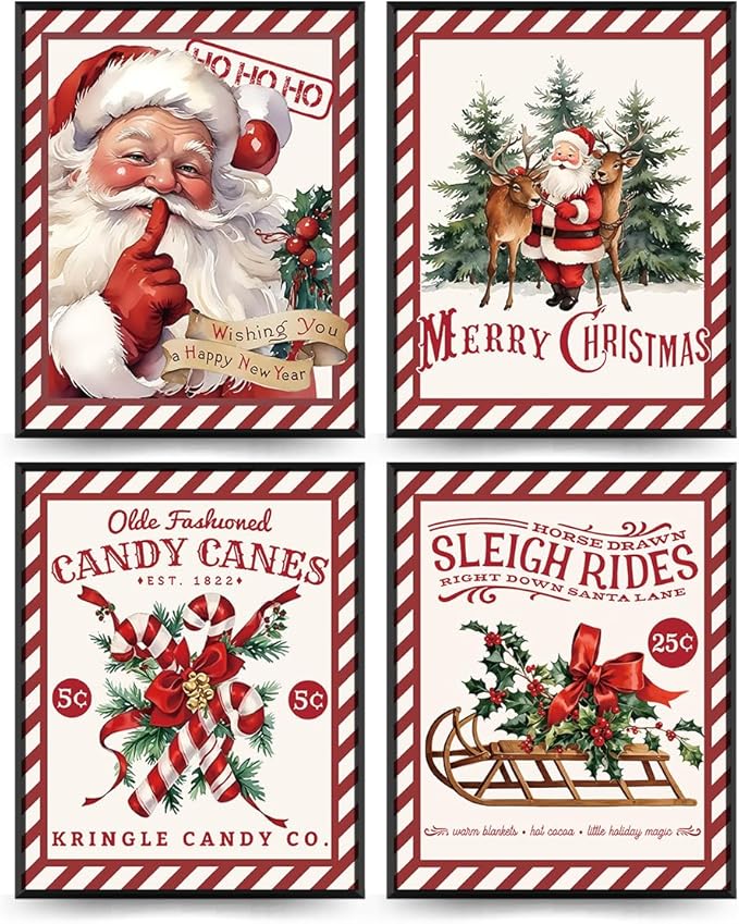 PLKMN Vintage Christmas Decor, Christmas Wall Art Prints Set of 4, Retro Christmas Santa Claus Wall Art Decor for Gallery Living Room Bathroom, 8x10 (Unframed)