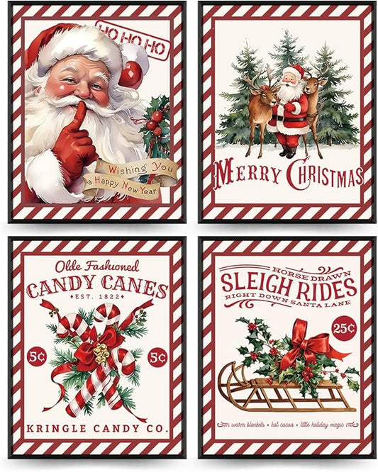PLKMN Vintage Christmas Decor, Christmas Wall Art Prints Set of 4, Retro Christmas Santa Claus Wall Art Decor for Gallery Living Room Bathroom, 8x10 (Unframed)
