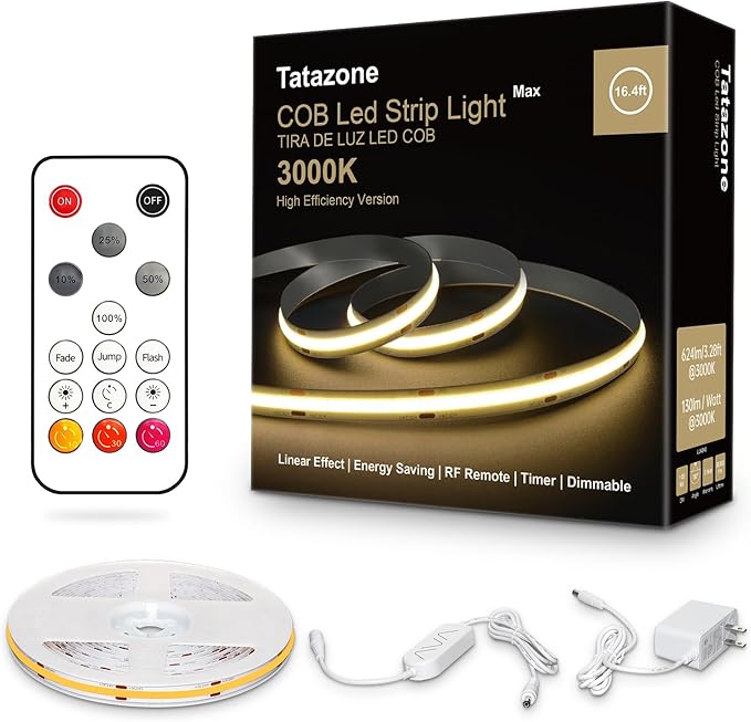 White COB Led Strip Lights Max with RF Remote, 16.4ft 3000K Dimmable Ultra Bright Warm White COB Light Strip, Adhesive Indoor COB Led Lights for Living Room, Shelf, Cabinet