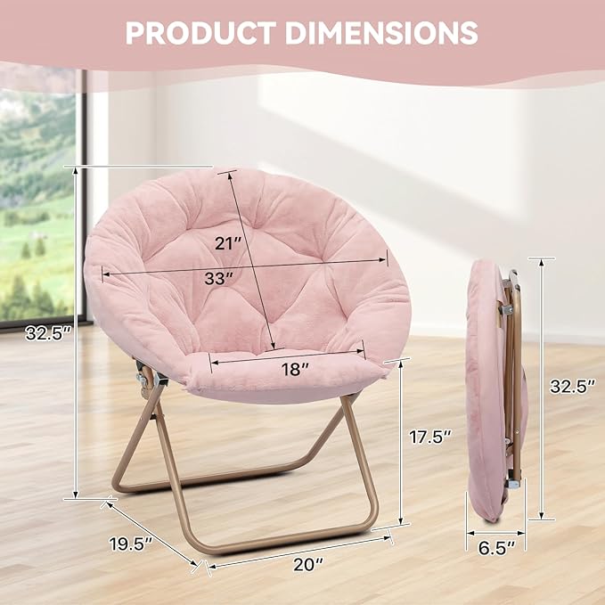 Magshion Saucer Chair for Adults, Comfy Living Room Lounge Chair for Bedroom Corner, Dorm, Apartment, Faux Fur Fluffy Circle Accent Seat with Thick Padded & Folding Metal Frame (Pink)
