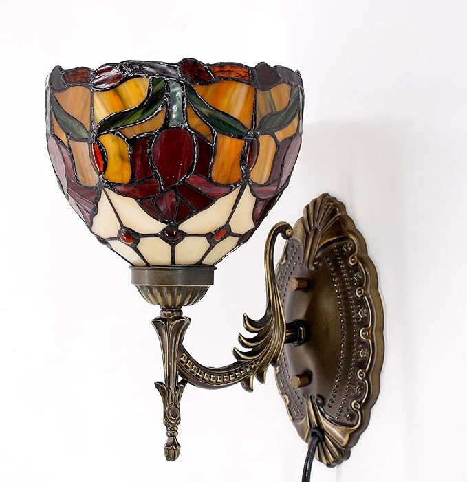 Tiffany Wall Sconce Lamp Blue Stained Glass Flower Style 8X10.5X11 Inch Plug in Wall Bedside Light for Hallway Bedroom (Tulips Style)