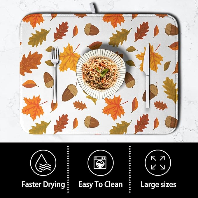 Fall Leaves Dish Drainer Mat - Absorbent Drying Mat for Counter - 18x24 Inch, Orange Maple Leaf Pattern