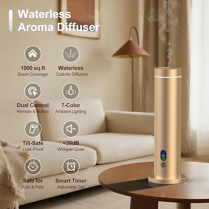 Waterless Diffuser, 1000 Sq.Ft Coverage, Essential Oil Diffuser with Tilt-Safe, Remote Control, Adjustable Mist Mode, Mood Lights Aromatherapy Diffuser for Home, Large Room, Office, Hotel, Gold