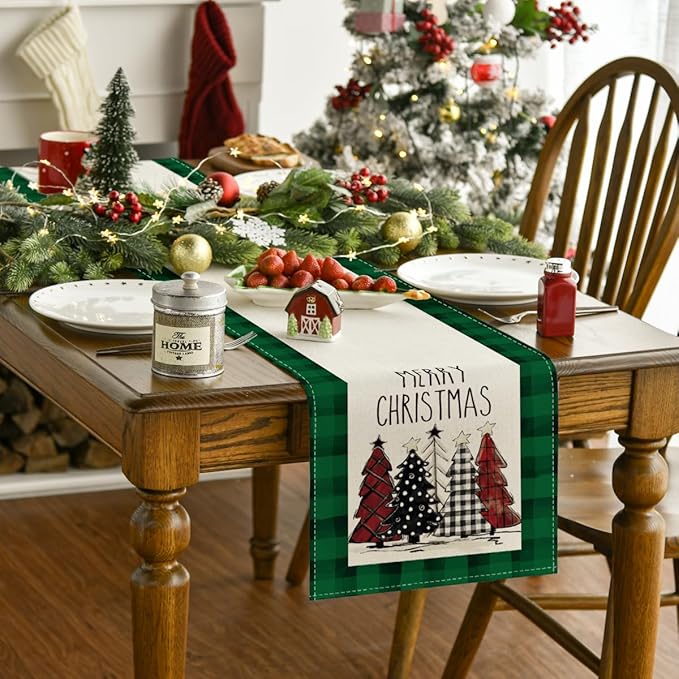 Artoid Mode Watercolor Green and Black Buffalo Plaid Christmas Trees Merry Xmas Table Runner, Seasonal Winter Holiday Kitchen Dining Table Decoration for Indoor Outdoor Home Party Decor 13 x 72 Inch