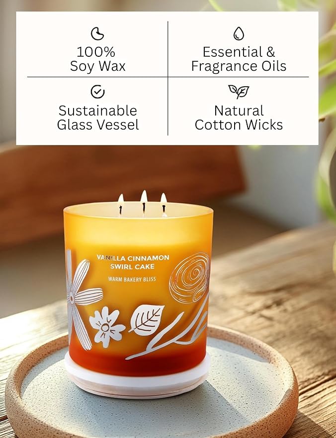 Vanilla Cinnamon Swirl Cake 3-Wick Soy Candle | Highly Scented Bakery Candle | 14.5 oz, Clean-Burn | Cozy Fall Aromatherapy Stress Relief Candles for Home | Gift for Women & Men