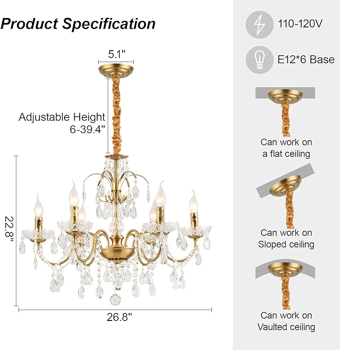 Vintage Chandelier, Crystal Chandeliers for Dining Room, Antique Chandelier, Crystal Candle Chandelier Lighting, Vintage 6 Lights Pendant Ceiling Fixture Lamp Perfect for Hallway D68 x H55