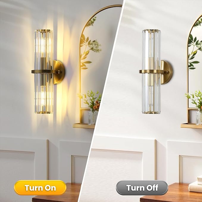 Crystal Wall Sconce Set of Two, Brushed Gold Bathroom Wall Light, Modern Sconces Wall Decor. 2-Light Luxury Indoor Wall Lamp 15.7-Inch for Living Room, Hallway, Mirror, Bathroom, Vanity. E26
