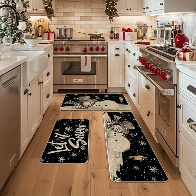 Artoid Mode Let It Snow Snowflake Snowman Light Christmas Decorative Kitchen Mats Set of 2, Home Party Low-Profile Kitchen Rugs - 17"x29"+17"x36"+17"x47"