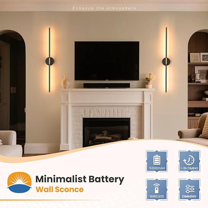 NIORSUN 34 Inch Battery Operated Wall Sconce Set of 2, Black-Gold Round Base Rechargeable Wall Lights with Remote, 3CCT Dimmable Wireless Wall Sconces for Living Room Bedroom Hallway