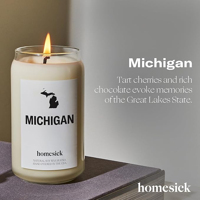 Homesick Scented Candles for Home (Michigan) - 13.75 oz Long-Lasting Soy Wax Jar Candle for Women & Men for All Occasions, 60-80 Hours Burn Time - Notes of Chocolate, Cherry & Lemon