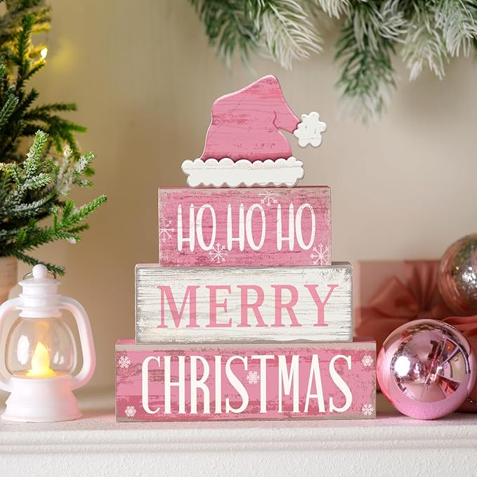 4 Pcs Christmas Table Decorations Pink Santa Hat Decor Christmas Tiered Tray Decor Rustic Wood Pink Hat Block Sign Gift Xmas Table Centerpiece Farmhouse for Home Shelf Kitchen Decorations
