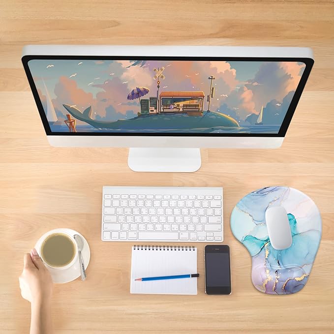 Hsurbtra Ergonomic Mouse Pad with Wrist Rest Support, Gel Mouse Pads with Non-Slip PU Base, Pain Relief Memory Foam Computer Mat, Cute Office Supplies Desk Decro Accessories, Marble