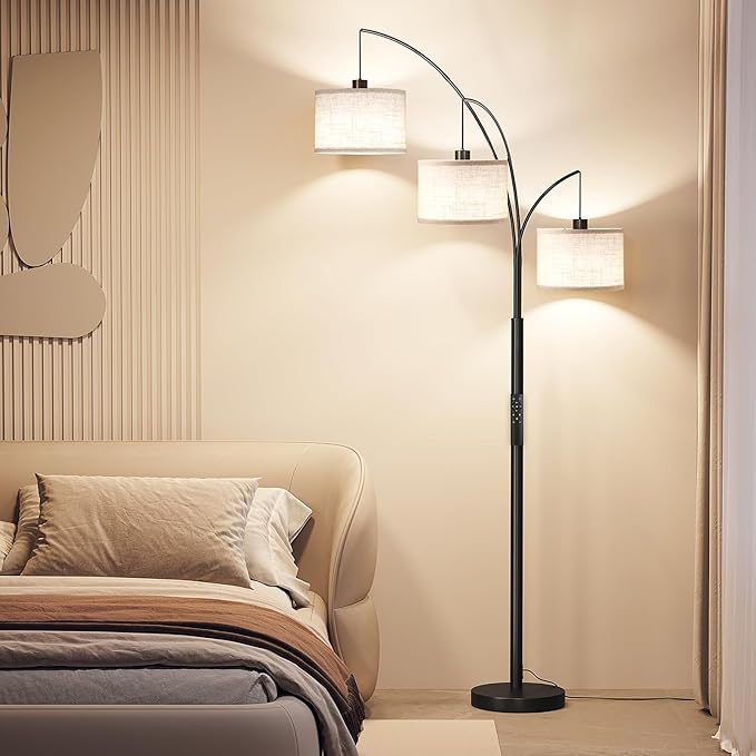 SUNMORY 3 Lights Floor Lamp with Remote Control and 3 Stepless Dimmable Bulbs, 78" Tall Standing Lamp with Hanging Drum Shade & Heavy Base, Modern Arc Floor Lamps for Living Room, Bedroom, Office