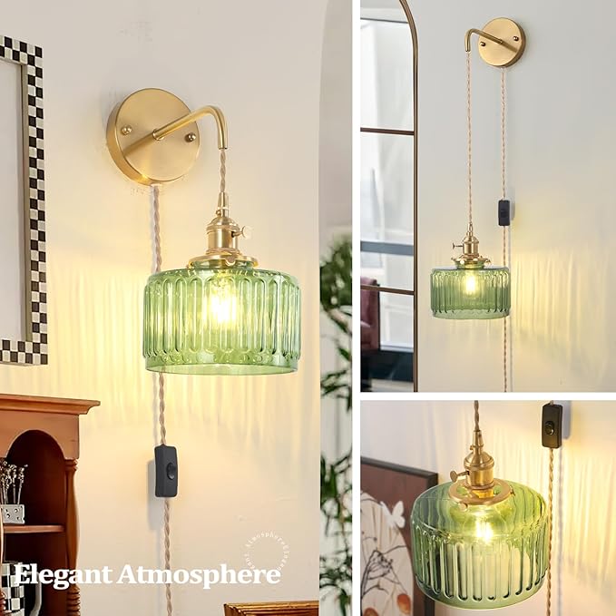 Vintage Wall Sconce Wall Lamp with Green Striped Glass Shade Hanging Wall Sconce with 4.9FT Plug in Cord, Modern Wall Lamp Fixtures Decor for Bedside Bedroom Indoor Doorway