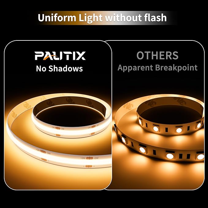 PAUTIX COB LED Strip Light IP65 Waterproof Warm White 2700K,UL-Listed 20ft/6.1m CRI 90+ Super Bright 24V LED Tape Light for Cabinet/Home/Office DIY Lighting Projects(Adapter & Dimmer Not Included)