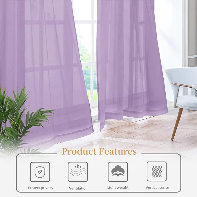 Sheer Curtains 63 Inches Long 2 Panels, Rod Pocket Short Curtain for Kitchen, Bedroom, Cafe Window(Lavender 38" W x 63" L)