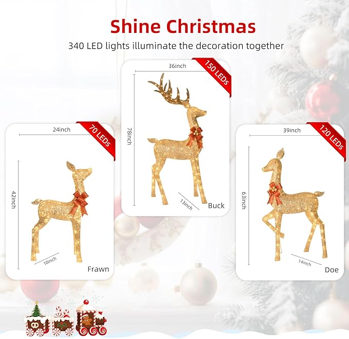HOYECHI 6.5 FT Oversized Christmas Decorations Outdoor Lighted Reindeer β 3-Piece 3D Deer Family Set with 340 Warm White LED Lights for Yard, Lawn, Garden & Porch Holiday Display - Gold