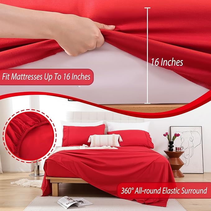 Whitney Home Textile Queen Sheet Set, Soft Microfiber Hotel Bed Sheets Queen Size, Extra Deep Pocket, Luxury Breathable Bedding Sheet & Pillowcase Sets, 4 Piece Wrinkle Free Oeko-Tex, Red