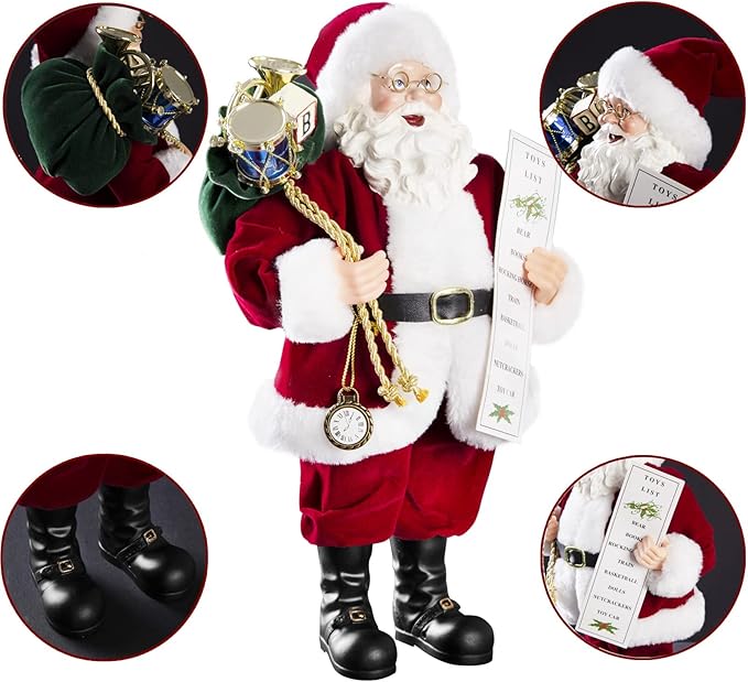 Uten 11" Santa Claus Decorations with Glasses Blessing Letter and Gifts Bag, Christmas Standing Figurine Ornaments for New Year Christmas Decoration Navidad Natal Gifts.