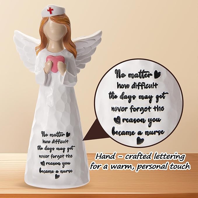 Nurse Gifts for Women,Handmade 6 inch Angel Figurines Holding Heart - Gifts for Nurses Graduation/Week/Retirement/Appreciation, Inspirational Resin Home Decor with Nurse's Motto Engraved