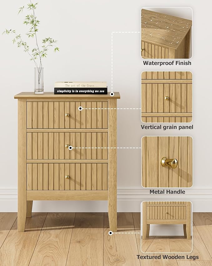 Fluted Nightstand, Farmhouse Night Stand with 3 Drawers, Mid Century Modern Side Accent Table,Bedside End Table for Bedroom, Living Room, Oak