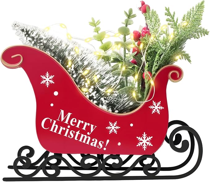 Christmas Table Decorations Christmas Sleigh Table Decor Christmas Table Decorations Small Santa Sleigh with Pine Twigs & Red Berries, Festive Holiday Centerpiece for Home Office Party Decor