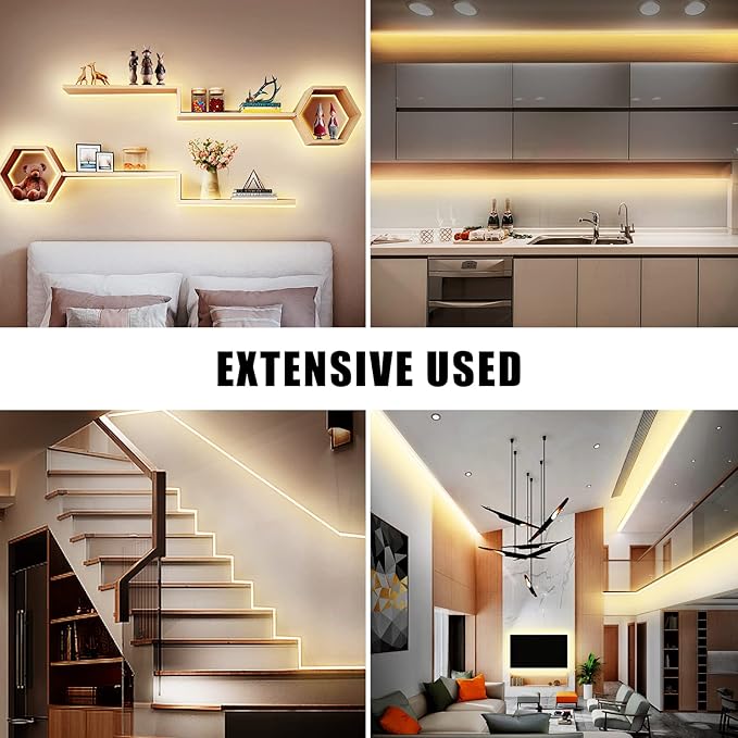 32.8ft 3000K Bright COB LED Strip Light, Dimmable, Warm White, Indoor, RF Remote, Adhesive, for Living Room, Shelf, Cabinet, Kitchen, 2 Rolls of 16.4ft