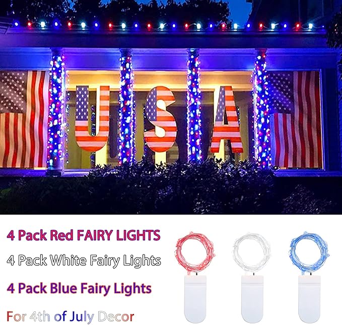 12 Pack 4th of July Lights 7 Feet 20 Led Waterproof Red White and Blue Lights Silver Wire Firefly Starry Moon Lights for Bedroom Independence Day Fouth of July Decor (Red & White & Blue)