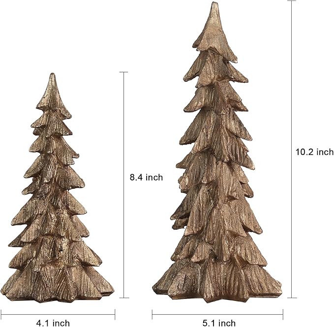 MEETYAMOR Christmas Decorations Indoor, Set of 2 Golden Resin Christmas Trees for Table Decor, Farmhouse Rustic Xmas Decorations Figurines for Home, Kitchen, Mantle, Shelf