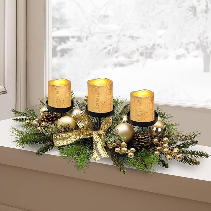 Christmas Table Centerpieces Decorations, 27.5 Inch Designed with Golden Bowknot Baubles Ornaments, Artificial Golden Berries and Pine Cones for Dining Room Table (Gold Ball)
