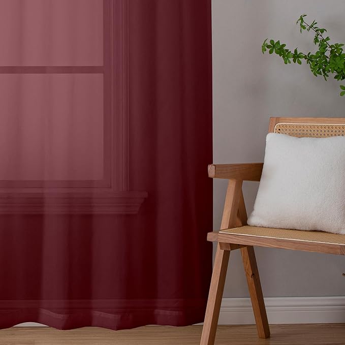Aiyufeng 108 Inch Red Sheer Window Curtains for Farmhouse, Rod Pocket Voile Window Treatment Vertical Panels for Study Room/Bedroom/Living Room, Burgundy, W40 x L108, 2 Panels