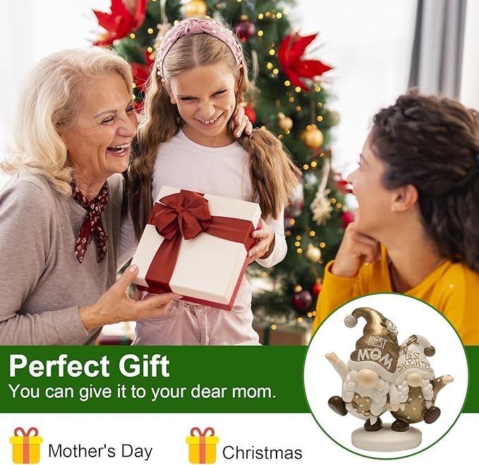 Mothers Day Gnome Decor, Mom Birthday Gift from Daughter, Small Resin Mom Gold Figurines Decoration for Mother's Day Home Table Shelf Desk Indoor