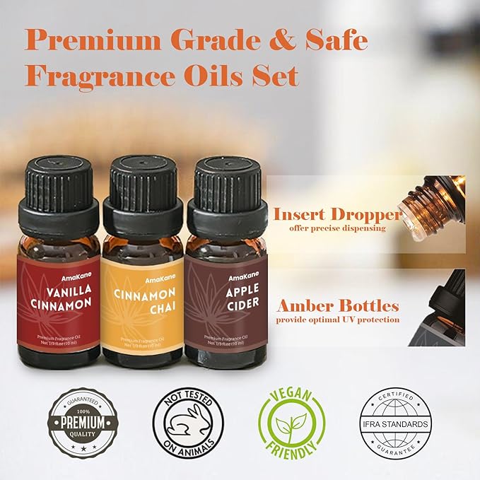 AmaKane Fall Fragrance Oil, Autumn Essential Oils for Diffuser, Soap Candle Making Scents, Pumpkin Pie Spice, Vanilla Cinnamon, Apple Cider, Fallen Leaves, Autumn Magic, Cinnamon Chai, 6x10 ml